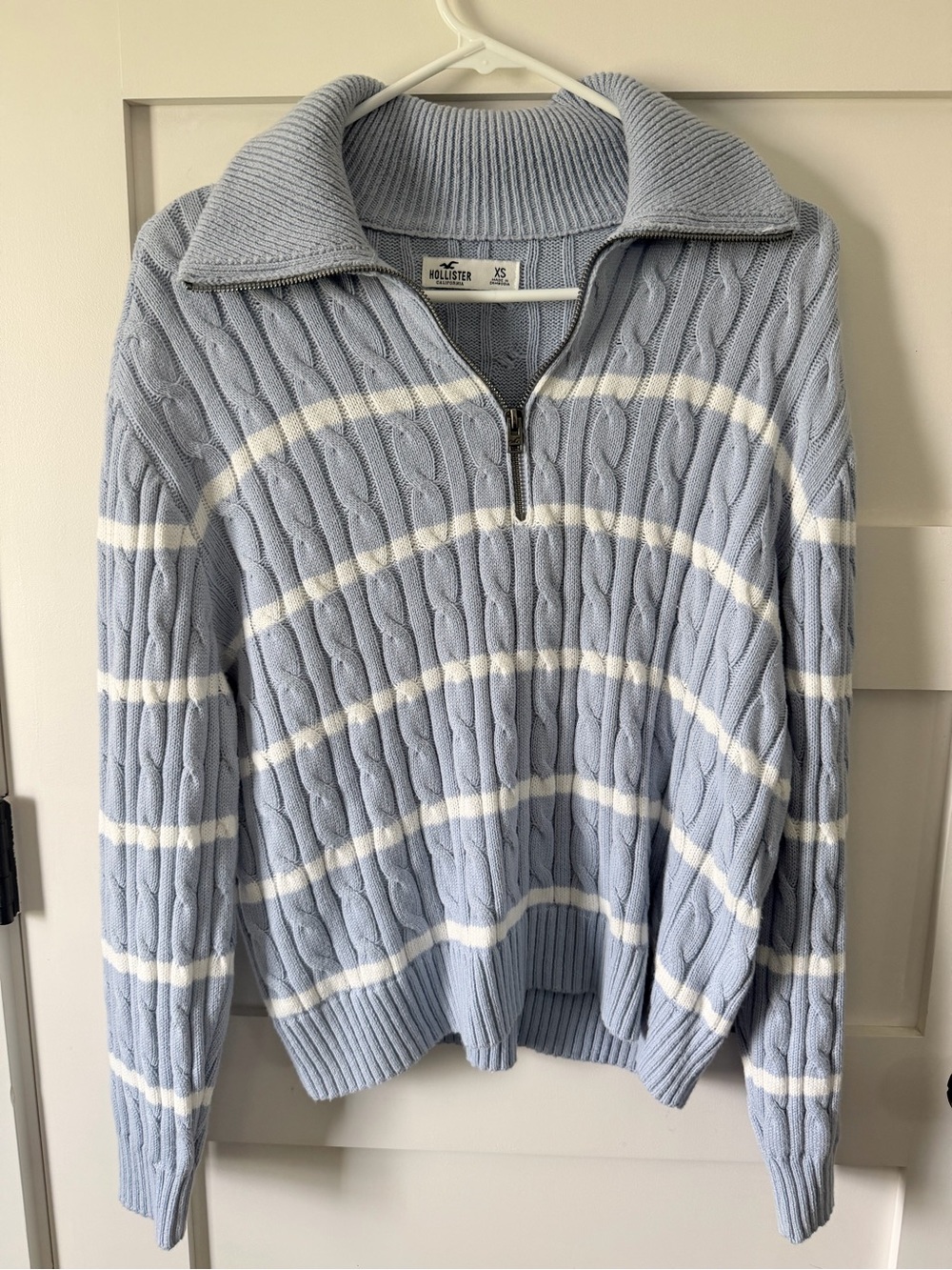 Hollister Light Blue Cable-Knit Half-Zip Pullover with White Stripes